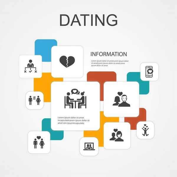 Dating Infographic 10 πρότυπο εικονίδια γραμμή. ζευγάρι στην αγάπη, ερωτεύονται, χρονολόγηση app, σχέσεις απλές εικόνες — Διανυσματικό Αρχείο