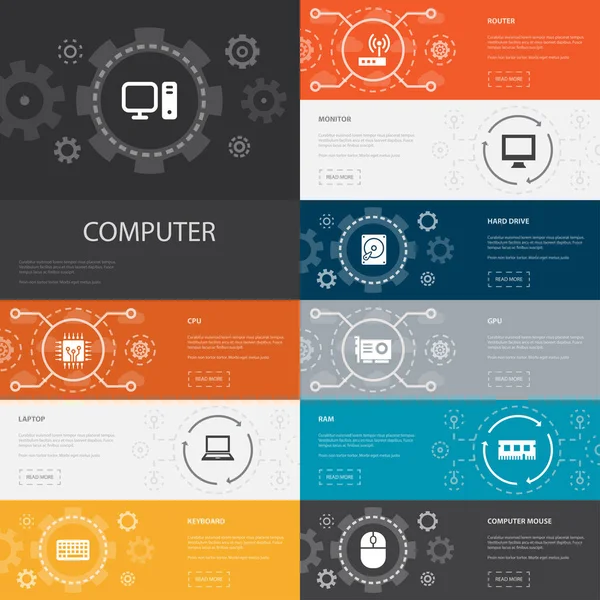 Infográfico de computador 10 ícones de linha banners.CPU, laptop, teclado, ícones simples do disco rígido —  Vetores de Stock