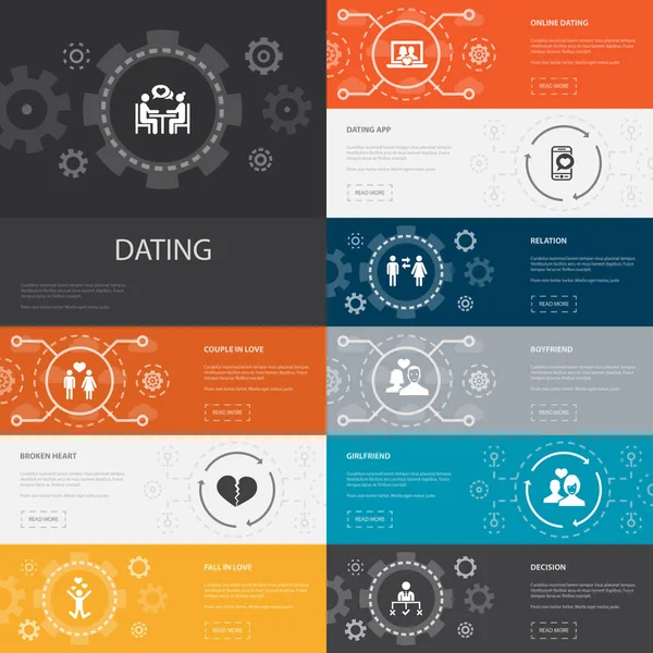Datering Infographic 10 lijn pictogrammen banners.couple in love, verliefd worden, dating app, relaties eenvoudige pictogrammen — Stockvector
