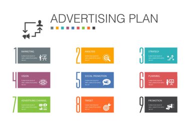 Reklam Planı Infographic 10 seçenek çizgisi kavramı. Pazarlama, strateji, planlama, basit simgeleri hedef al