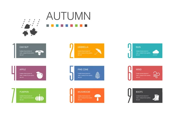 Hösten Infographic 10 alternativ linje concept.oak mutter, regn, vind, pumpa enkla ikoner — Stock vektor