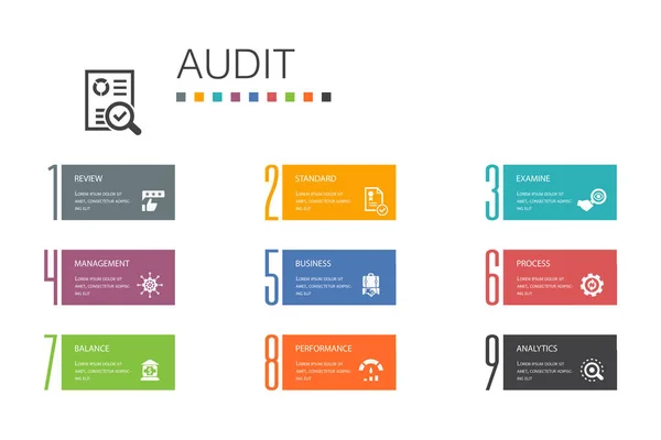 Audit Infografik 10 Optionszeilenkonzept. Überprüfung, Standard, Prüfung, Verarbeitung einfacher Symbole — Stockvektor