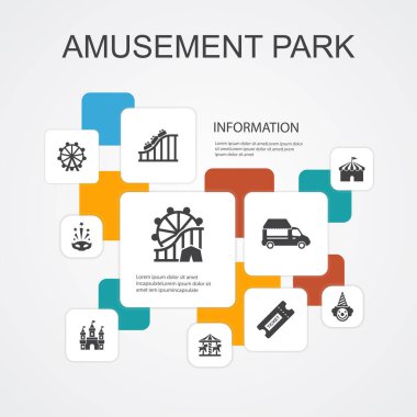 Lunapark Infographic 10 satır simge şablonu. Dönme dolap, Atlıkarınca, lunapark treni, basit karnaval simgeleri.