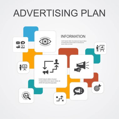 Reklam Planı Infographic 10 satır simgeleri şablonu. Pazarlama, strateji, planlama, basit simgeleri hedef al