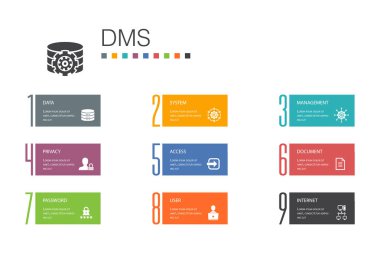 Dms Infographic 10 seçenek satırı kavramı. Sistem, yönetim, gizlilik, parola simgeleri