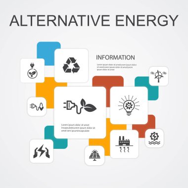 Alternatif enerji Infographic 10 satır simgeleri şablonu. Güneş Enerjisi, Rüzgar Enerjisi, Jeotermal Enerji, Geri Dönüşüm basit simgeler