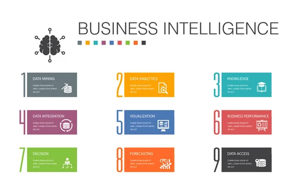 Inteligência de negócios Infográfico 10 opção linha concept.data mineração, conhecimento, visualização, decisão ícones simples —  Vetores de Stock
