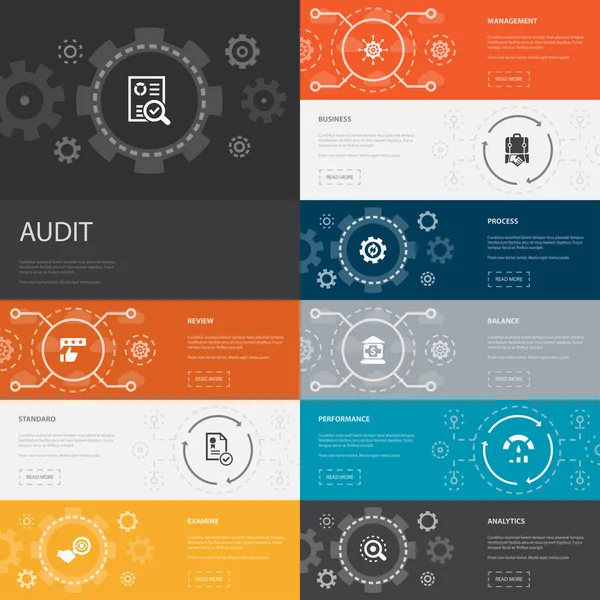 Denetim Infographic 10 satır simge pankartları. basit simgeleri incele, standart incele, incele — Stok Vektör