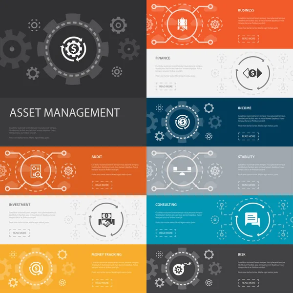 Asset Management Infografik 10 Zeilen Symbole Banner. Wirtschaftsprüfung, Investitionen, Unternehmen, Stabilität einfache Symbole — Stockvektor