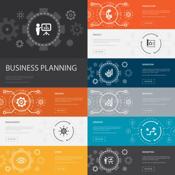 Бизнес-планирование Инфографика 10 строк иконок баннеров. менеджмент, проекты, исследования, стратегии — стоковый вектор