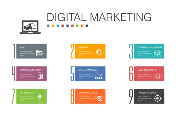 Digitale Marketing-Infografik 10 Optionszeilenkonzept. Internet, Marketing-Forschung, soziale Kampagne, Bezahlung per Klick einfache Symbole — Stockvektor