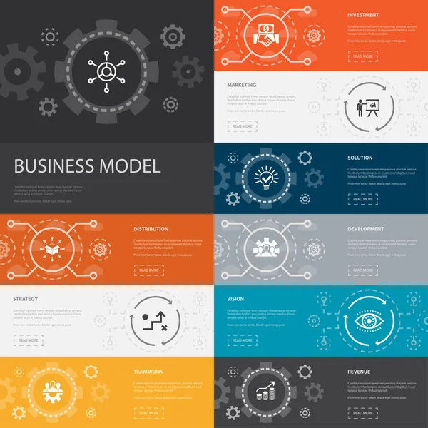 Business model Infografía Banderas de 10 iconos de línea. estrategia, trabajo en equipo, marketing, solución iconos simples — Vector de stock