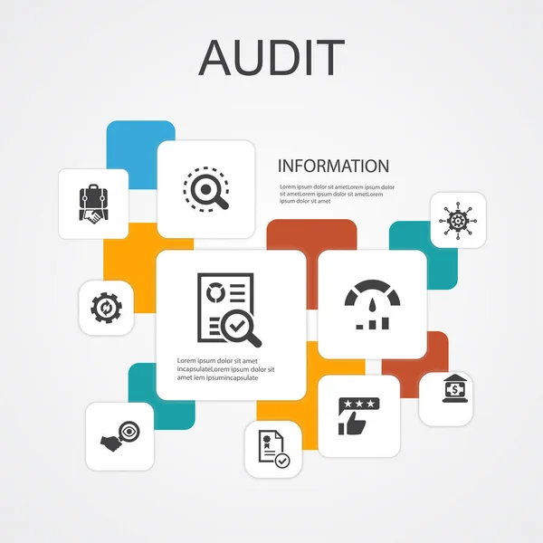 Audit Infographic 10 satır simgeleri şablonu. İnceleyin, standart, inceleyin, basit simgeleri işleyin — Stok Vektör
