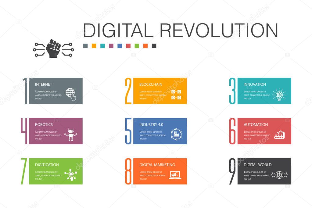 digital revolution Infographic 10 option line concept.internet, blockchain, innovation, industry 4.0 simple icons