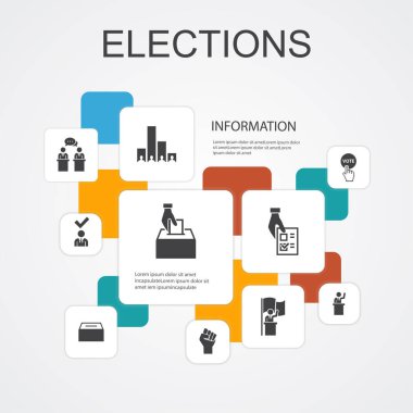 Seçimler Infographic 10 satır simgesi şablonu. Oy kullanma, oy sandığı, Aday, Seçim sandığı basit simgeleri