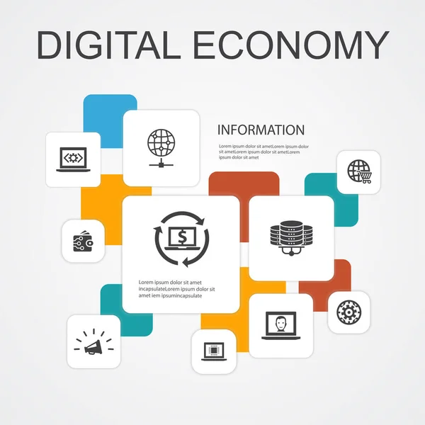 Digital ekonomi Infographic 10 line ikoner template.computing teknik, e-affärer, e-handel, data center enkla ikoner — Stock vektor