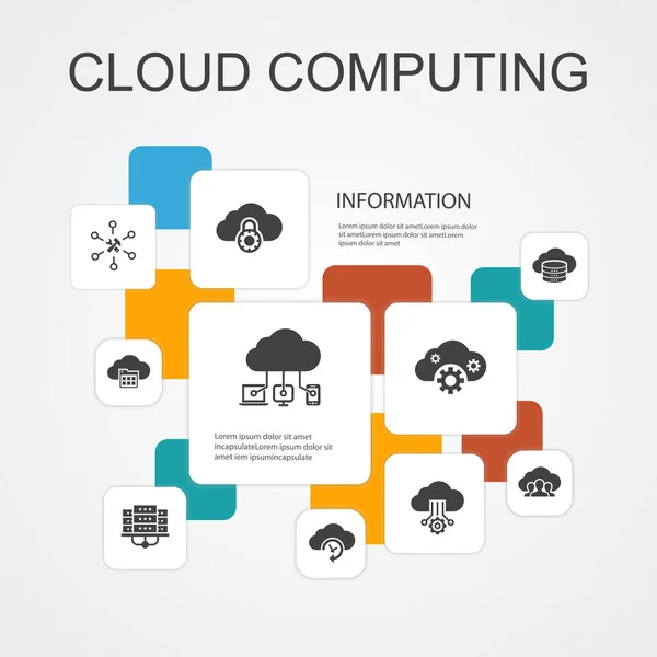Cloud computing Infographie Modèle d'icônes 10 lignes Sauvegarde Cloud, datacenter, SaaS, icônes simples fournisseur de services — Image vectorielle