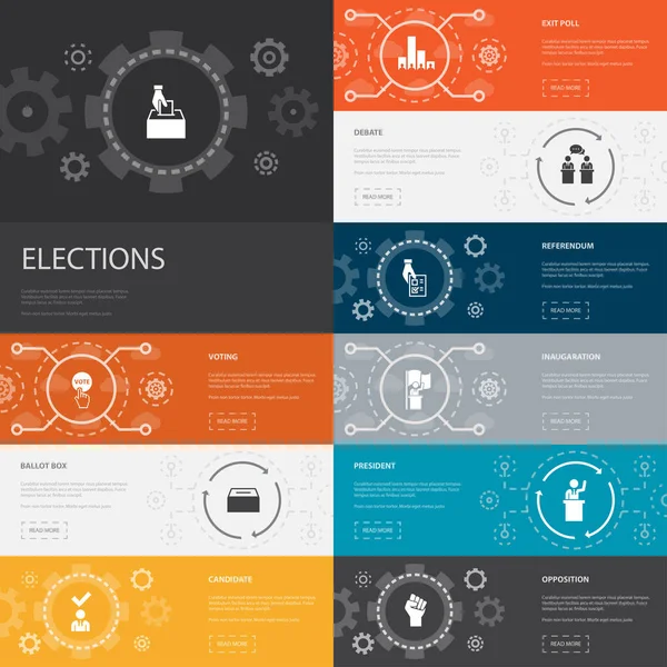 Eleições Infográfico 10 banners ícones de linha. Votação, Caixa de cédula, Candidato, Ícones simples de pesquisa de saída —  Vetores de Stock