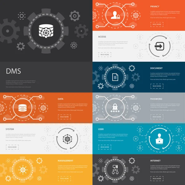 DMS Infografía 10 banners de iconos de línea. sistema, gestión, privacidad, contraseña iconos simples — Vector de stock