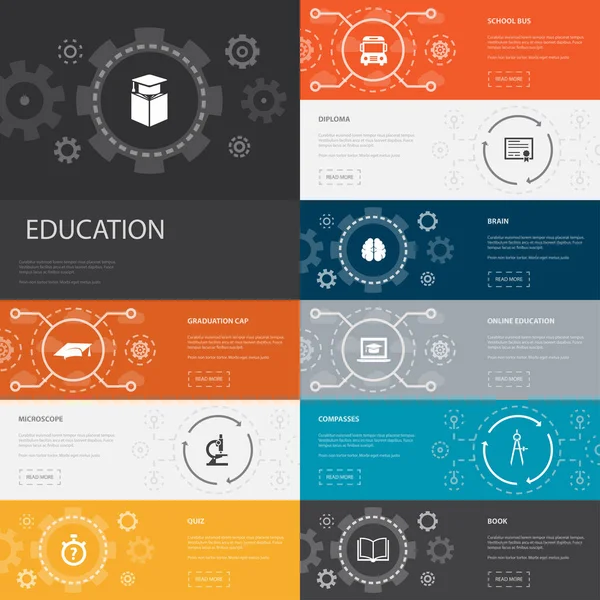 Education Infographic 10 line icons banners. graduation, microscope, quiz, school bus simple icons — Stock Vector