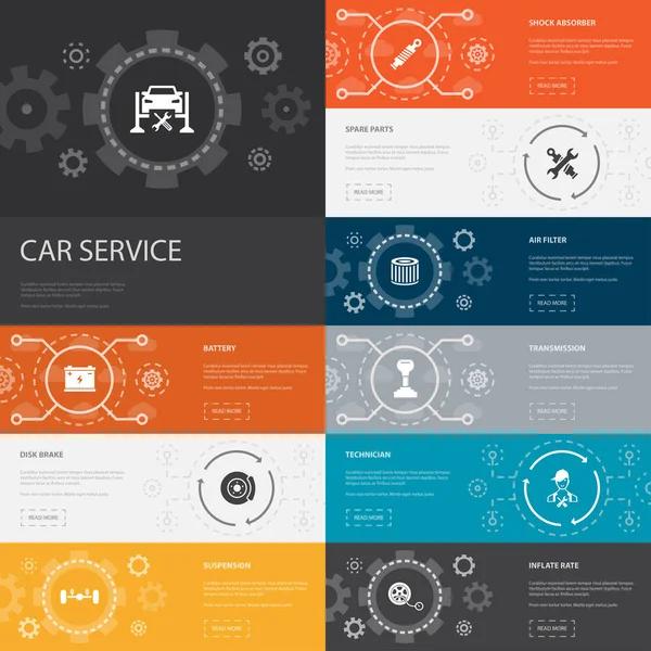 Serviço de carro Infográfico 10 banners ícones de linha. freio de disco, suspensão, peças sobressalentes, ícones simples de transmissão —  Vetores de Stock