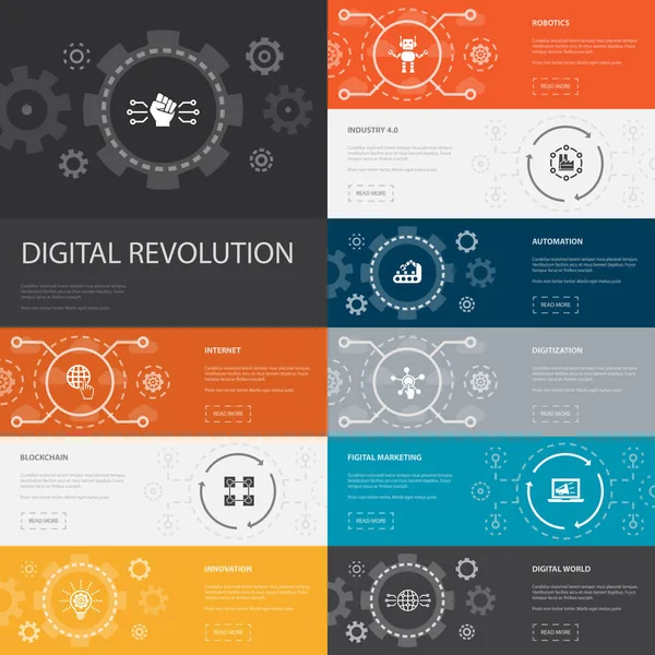 Digitale revolutie Infographic 10 lijn pictogrammen banners. internet, blockchain, innovatie, industrie 4.0 eenvoudige iconen — Stockvector