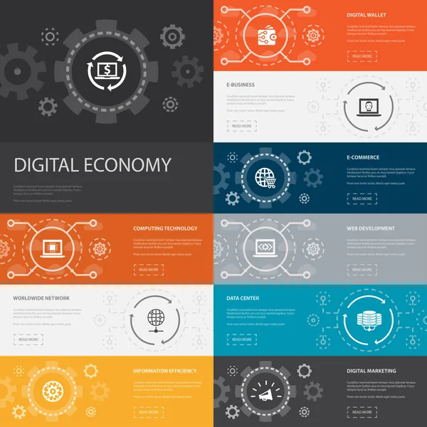 Economía digital Infografía Banderas de 10 iconos de línea. tecnología informática, e-business, e-commerce, centro de datos iconos simples — Vector de stock