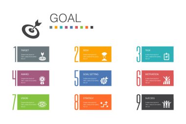 hedef Infographic 10 seçenek satırı kavramı. Hedef, dilek, görev, hedef simgeleri ayarlama