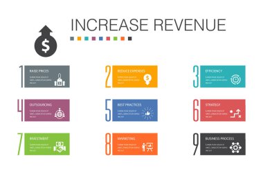 Gelir artışı Infographic 10 seçenek çizgisi kavramı. Fiyatları yükselt, harcamaları düşür, en iyi uygulamaları düşür, basit strateji simgeleri