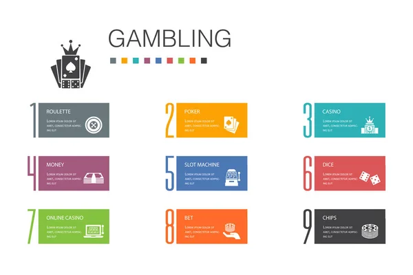 Juego de azar Infografía 10 línea de opciones concept.roulette, casino, dinero, casino en línea iconos simples — Vector de stock