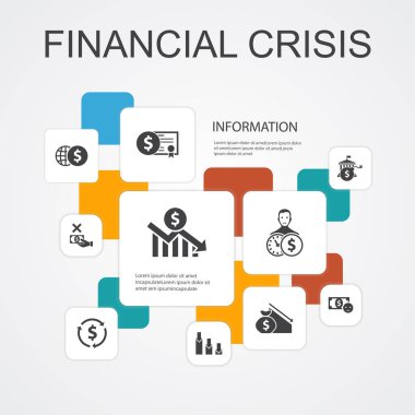 Finansal kriz Infographic 10 satır simgeleri şablonu. Bütçe açığı, kötü krediler, hükümet borcu, basit simgelerin yeniden düzenlenmesi