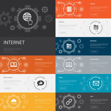 İnternet Infographic 10 satır simge pankartları. ekommerce, sosyal medya, web sitesi, basit e- posta simgeleri