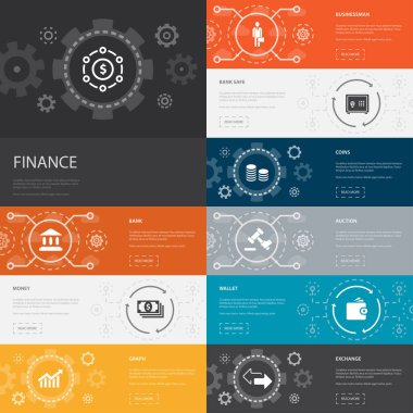 Finans Infographic 10 çizgi simge pankartları. Banka, Para, Grafik, Basit simgeler takas