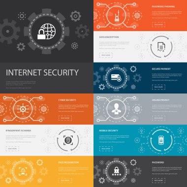 Internet Security Infographic 10 satır simge pankartları. Siber güvenlik, parmak izi tarayıcı, veri şifreleme, basit parola simgeleri