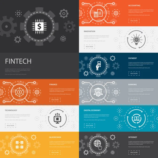 Fintech-Infografik 10 Zeilen Symbole Banner. Finanzen, Technologie, Blockchain, Innovation einfache Symbole — Stockvektor