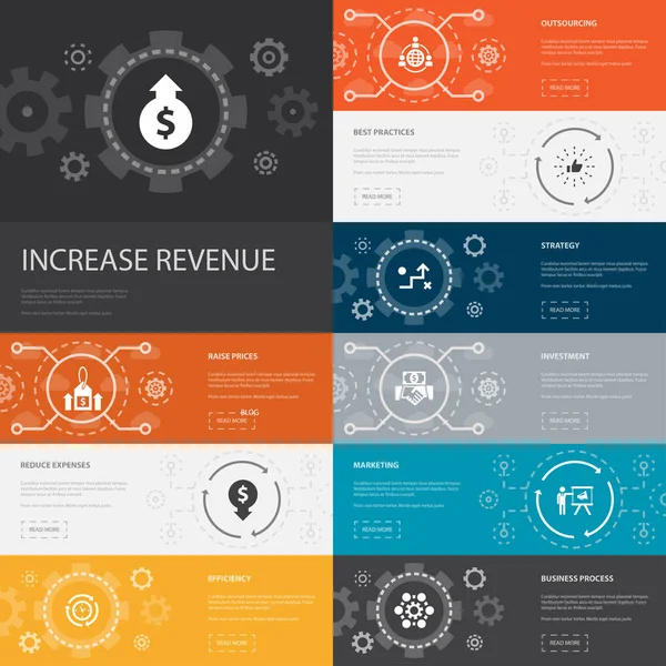 Verhogen inkomsten Infographic 10 lijn pictogrammen banners. Stijging van de prijzen, verlaging van de kosten, beste praktijken, strategie eenvoudige pictogrammen — Stockvector