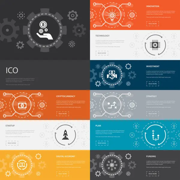 Ico Infografik 10 Zeilen Symbole Banner. Kryptowährung, Start-up, digitale Wirtschaft, Technologie einfache Symbole — Stockvektor