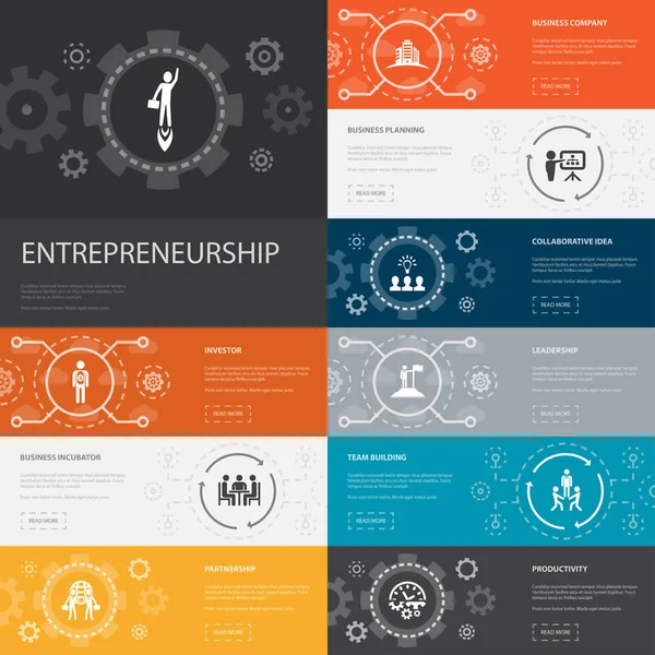 Entrepreneurship Infographic 10 lijn pictogrammen banners. Investeerder, Partnerschap, Leiderschap, Team — Stockvector