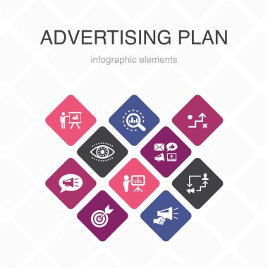 Reklam Planı Infographic 10 seçenek renk tasarımı. Pazarlama, strateji, planlama, basit simgeleri hedef al
