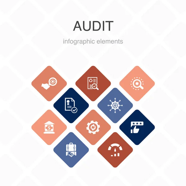 Audit infographic 10 option color design.review, standard, prüfen, verarbeiten einfache Symbole — Stockvektor