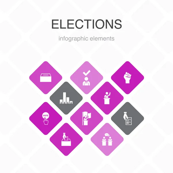 Wybory Infografika 10 opcja projektowanie kolorów.Głosowanie, Karta do głosowania, Kandydat, Wyjście ankieta proste ikony — Wektor stockowy