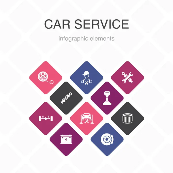 車のサービスインフォグラフィック10オプションカラーデザインディスクブレーキ、サスペンション、スペアパーツ、トランスミッションシンプルなアイコン — ストックベクタ