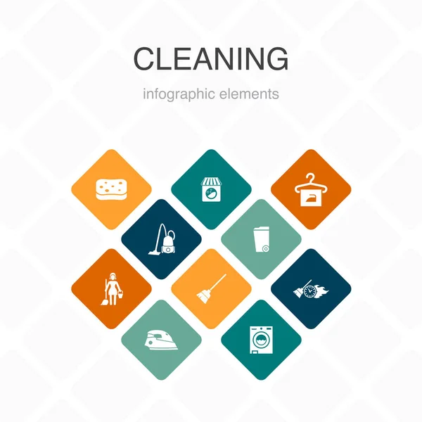 Membersihkan desain warna pilihan Infografis 10. sapu, tempat sampah, spons, dry cleaning ikon sederhana - Stok Vektor