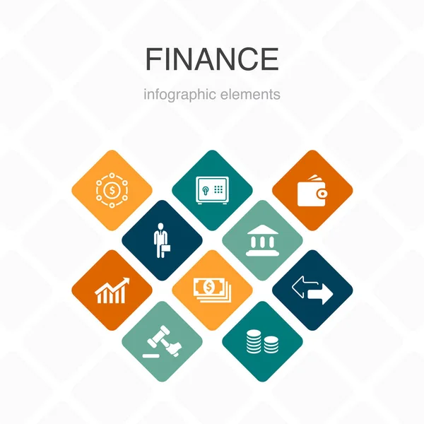 Finanças Infográfico 10 opção cor design.Bank, dinheiro, gráfico, troca de ícones simples — Vetor de Stock