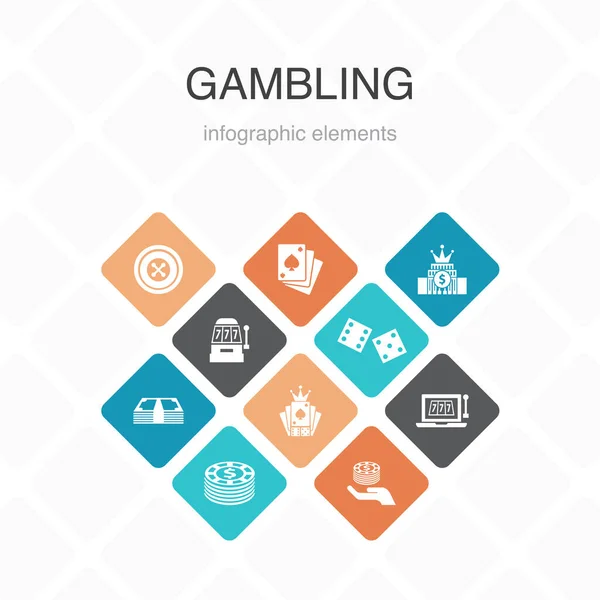 Juegos de azar Infografía 10 opciones de color design.roulette, casino, dinero, casino en línea iconos simples — Vector de stock