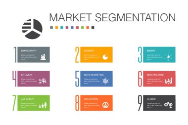 piyasa segmentasyonu Infographic 10 seçenek çizgisi kavramı. Demografi, segment, kriterleme, yaş grubu simgeleri
