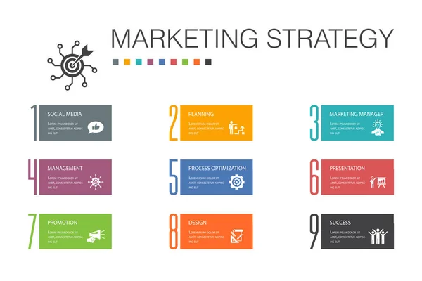Estrategia de marketing Infografía 10 línea de opciones concept.planning, gerente de marketing, presentación, planificación de iconos simples — Vector de stock