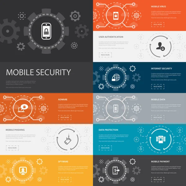 Segurança móvel Infográfico 10 ícones de linha banners.mobile phishing, spyware, segurança da Internet, proteção de dados ícones simples —  Vetores de Stock