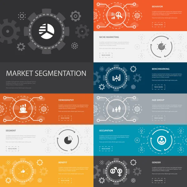 Segmentación del mercado Infografía 10 iconos de línea banners.demography, segmento, Benchmarking, Age group simple icons — Vector de stock