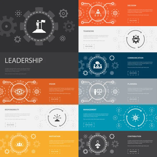 Leadership Infographic 10 line icons banners.responsibility, motivation, communication, teamwork simple icons — 스톡 벡터